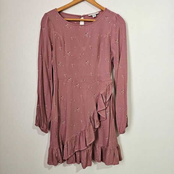 EUC AMERICAN EAGLE OUTFITTERS BLUSH PINK DITSY FLORAL RUFFLED SHORT DRESS SZ M - Picture 1 of 16